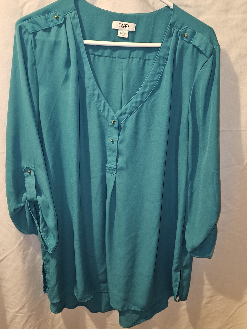 CATO Teal V-Neck Roll-Sleeve Blouse